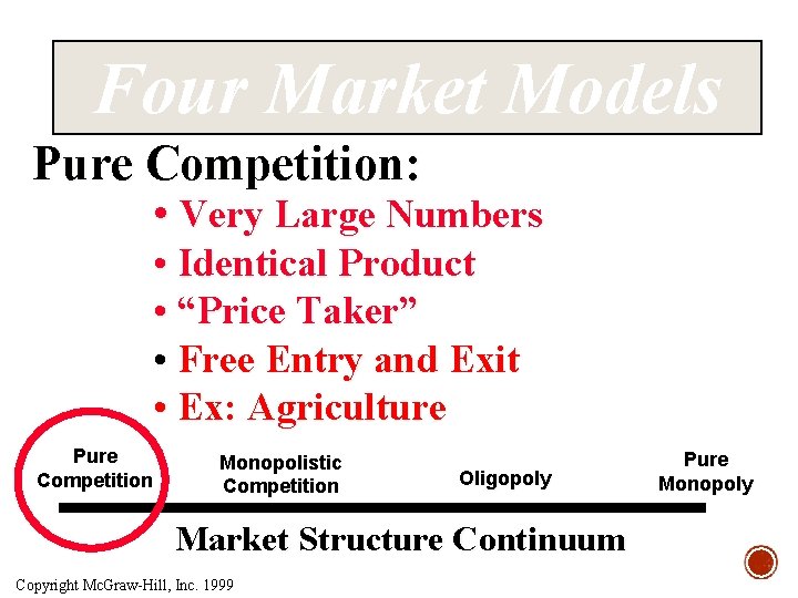 Four Market Models Pure Competition: • Very Large Numbers • Identical Product • “Price