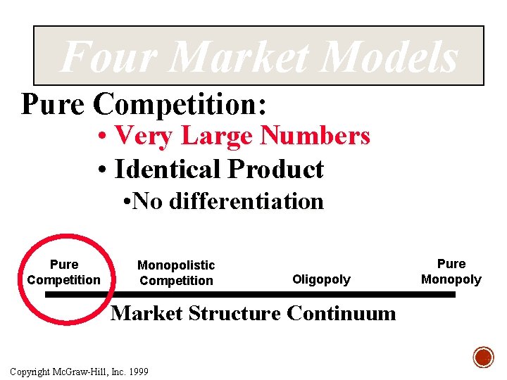 Four Market Models Pure Competition: • Very Large Numbers • Identical Product • No