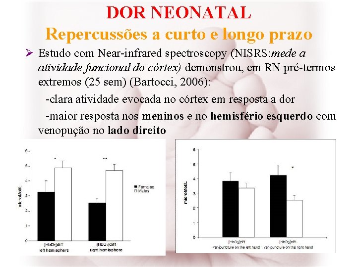 DOR NEONATAL Repercussões a curto e longo prazo Ø Estudo com Near-infrared spectroscopy (NISRS: