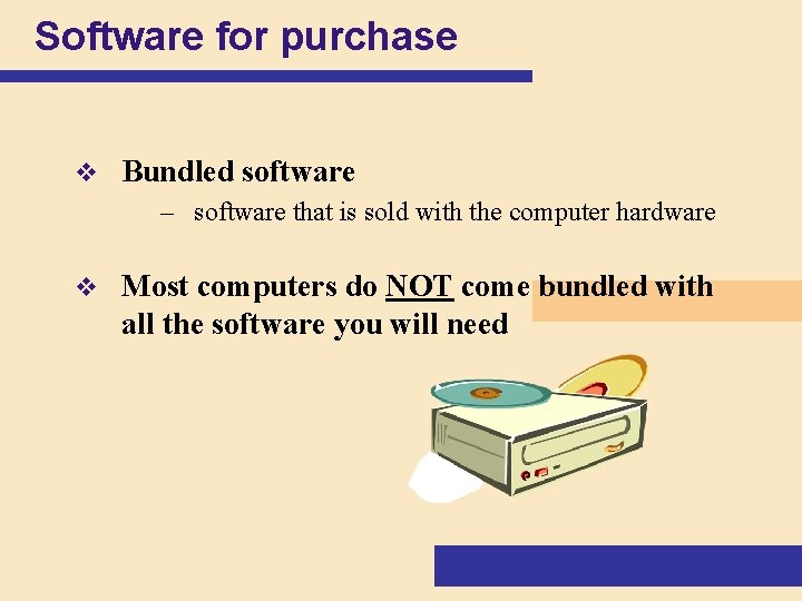Software for purchase v Bundled software – software that is sold with the computer Software for purchase v Bundled software – software that is sold with the computer