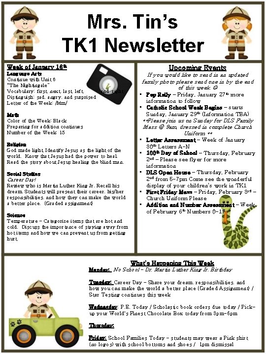 Mrs. Tin’s TK 1 Newsletter Week of January 16 th Language Arts Continue with