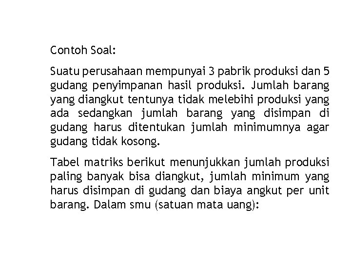 Contoh Soal: Suatu perusahaan mempunyai 3 pabrik produksi dan 5 gudang penyimpanan hasil produksi.