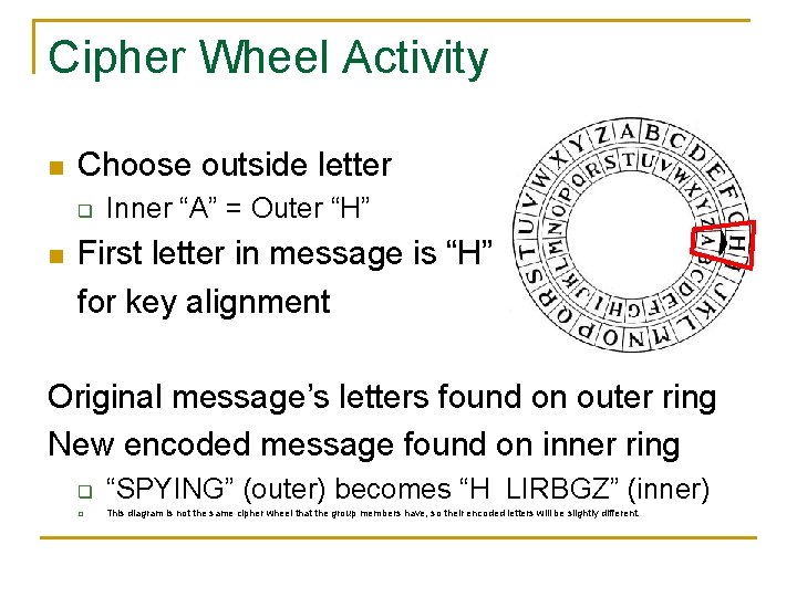 Cipher Wheel Activity n Choose outside letter q n Inner “A” = Outer “H”