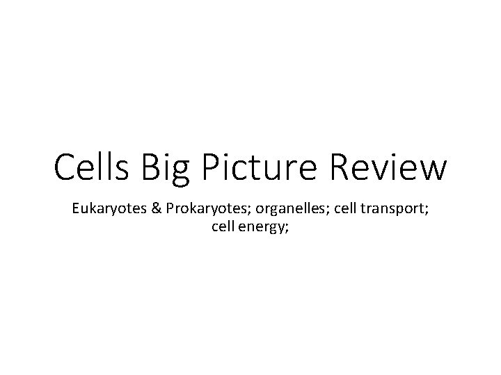 Cells Big Picture Review Eukaryotes & Prokaryotes; organelles; cell transport; cell energy; 