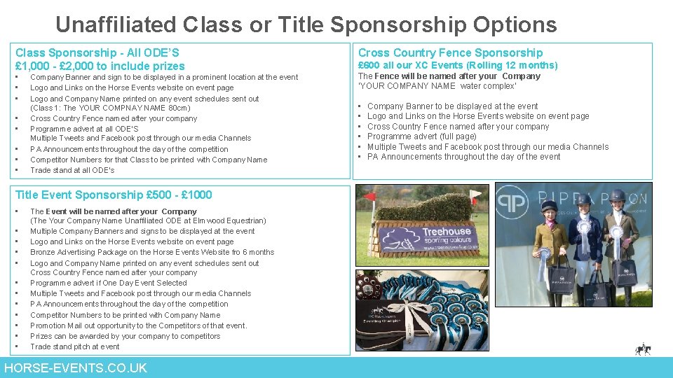 Unaffiliated Class or Title Sponsorship Options Class Sponsorship - All ODE’S £ 1, 000