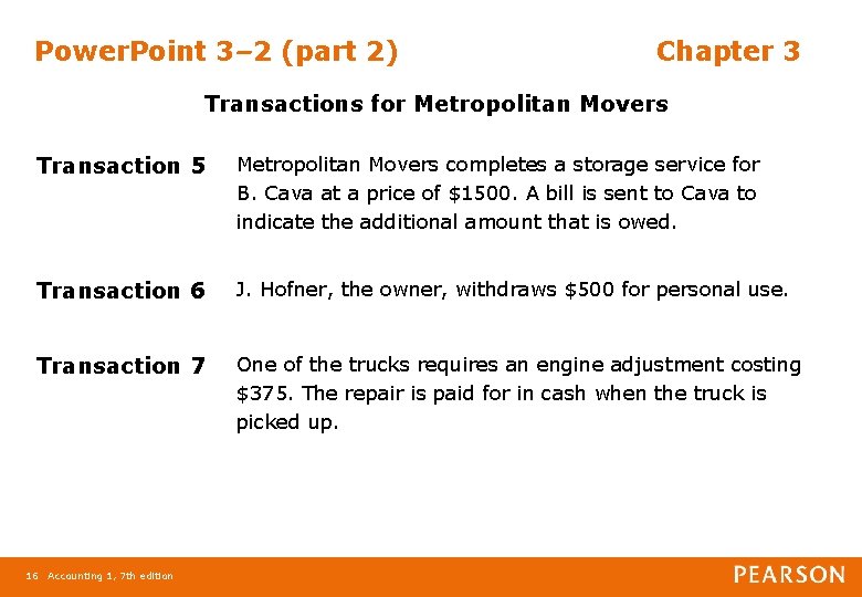 Power. Point 3– 2 (part 2) Chapter 3 Transactions for Metropolitan Movers Transaction 5