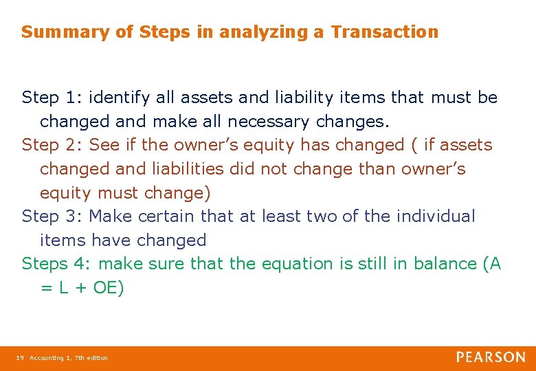 Summary of Steps in analyzing a Transaction Step 1: identify all assets and liability