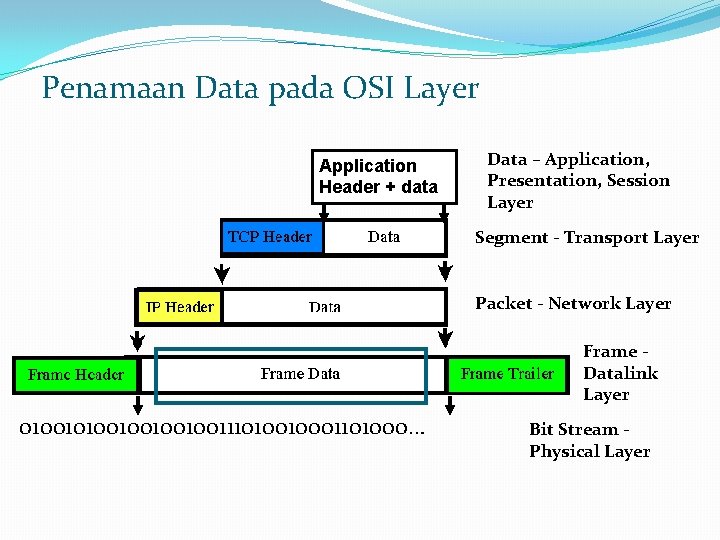 Penamaan Data pada OSI Layer Application Header + data Data – Application, Presentation, Session