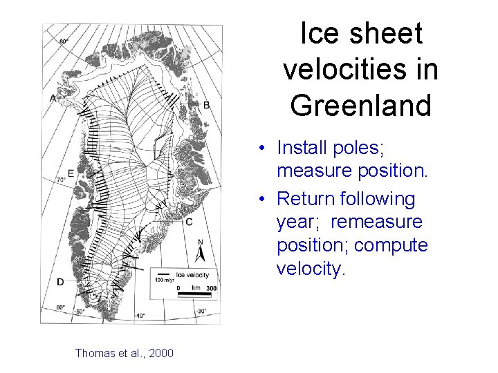 Ice sheet velocities in Greenland • Install poles; measure position. • Return following year;