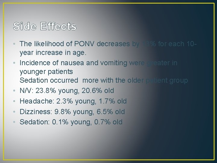 Side Effects • The likelihood of PONV decreases by 13% for each 10 year
