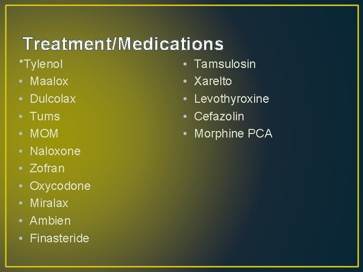 Treatment/Medications *Tylenol • Maalox • Dulcolax • Tums • MOM • Naloxone • Zofran