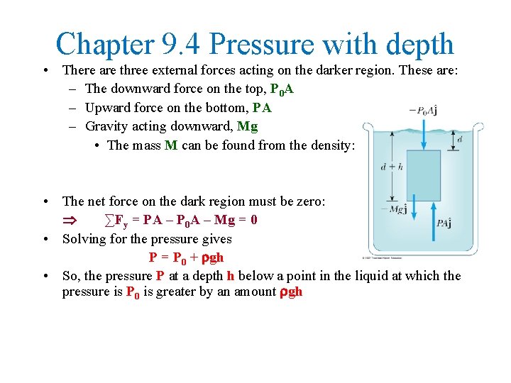 Chapter 9. 4 Pressure with depth • There are three external forces acting on