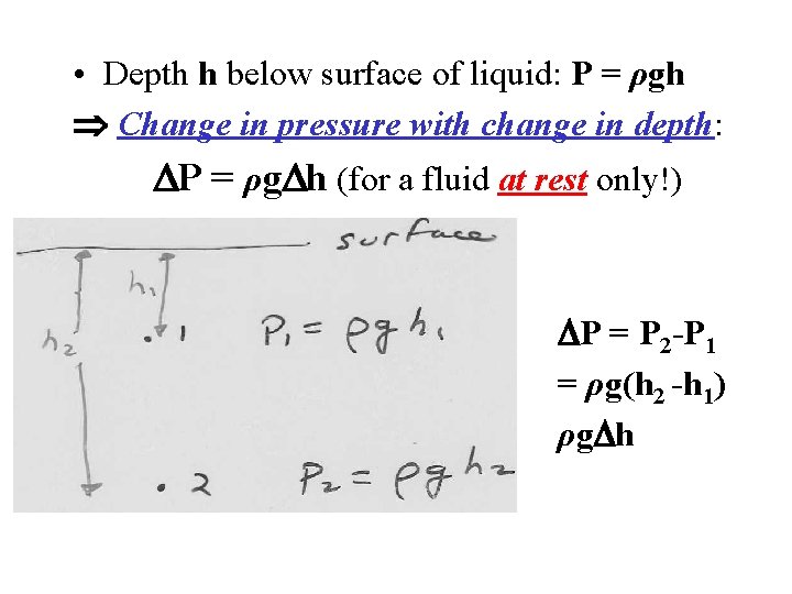  • Depth h below surface of liquid: P = ρgh Change in pressure