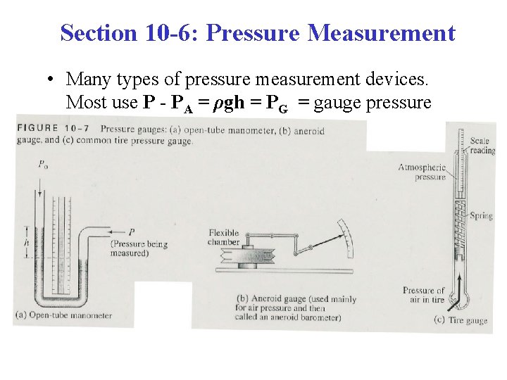Section 10 -6: Pressure Measurement • Many types of pressure measurement devices. Most use