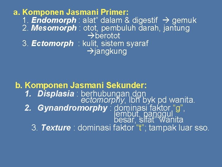 a. Komponen Jasmani Primer: 1. Endomorph : alat” dalam & digestif gemuk 2. Mesomorph