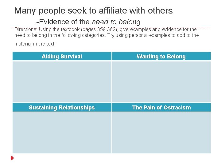 Many people seek to affiliate with others -Evidence of the need to belong Directions: