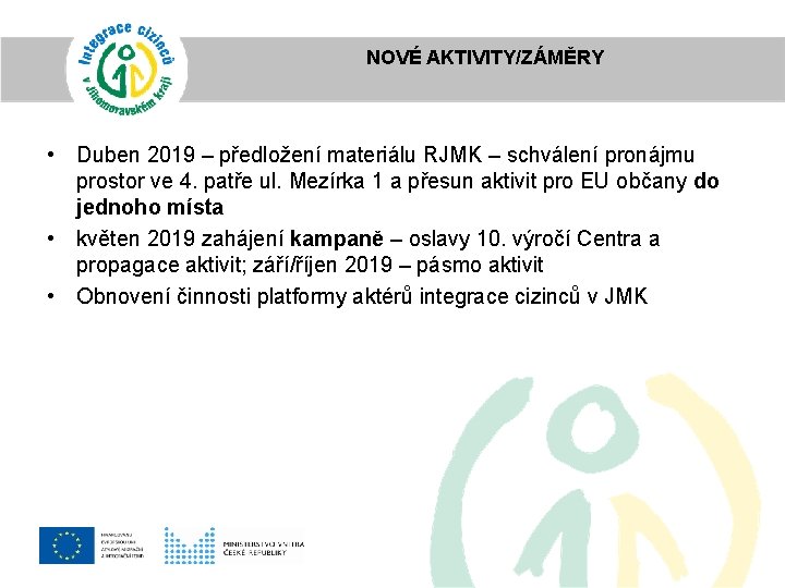 NOVÉ AKTIVITY/ZÁMĚRY • Duben 2019 – předložení materiálu RJMK – schválení pronájmu prostor ve