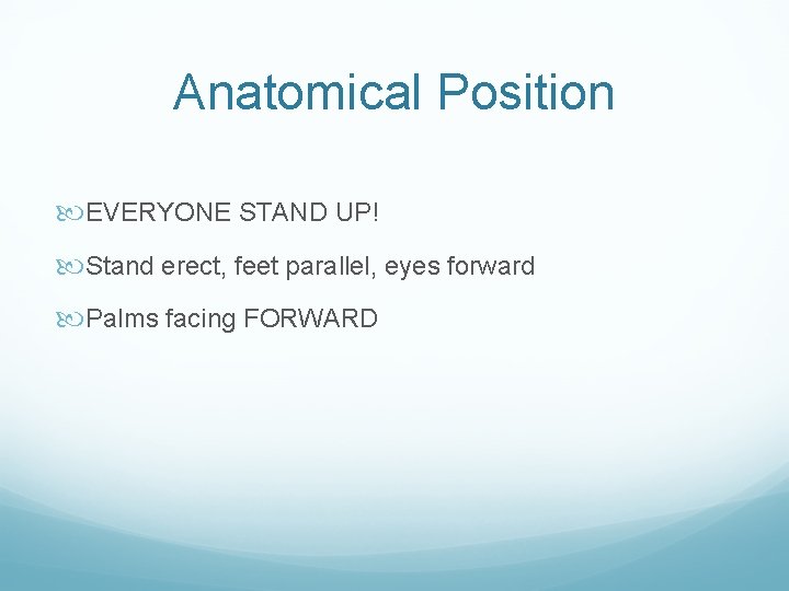Anatomical Position EVERYONE STAND UP! Stand erect, feet parallel, eyes forward Palms facing FORWARD