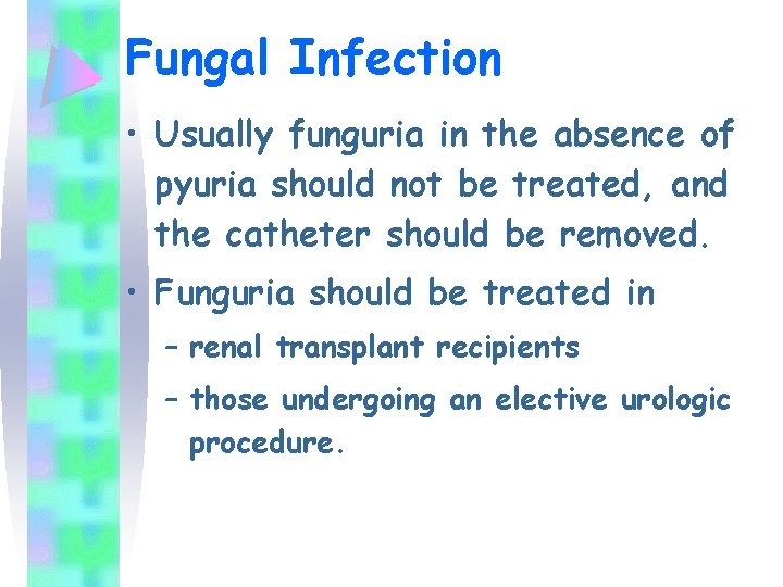 Fungal Infection • Usually funguria in the absence of pyuria should not be treated,