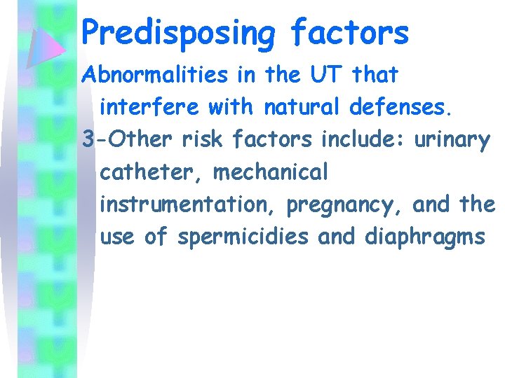 Predisposing factors Abnormalities in the UT that interfere with natural defenses. 3 -Other risk