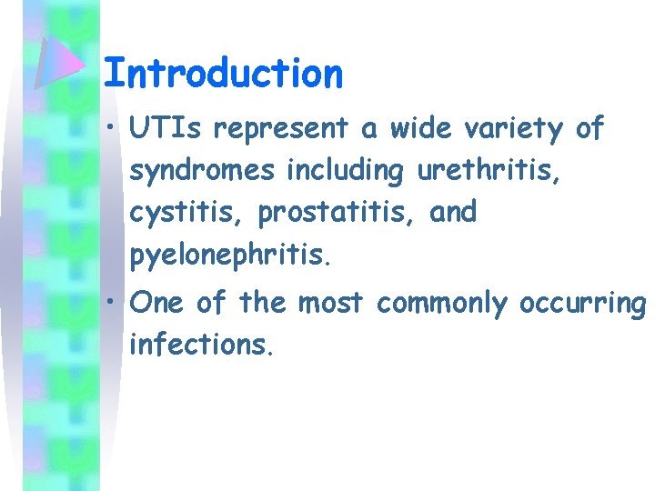 Introduction • UTIs represent a wide variety of syndromes including urethritis, cystitis, prostatitis, and