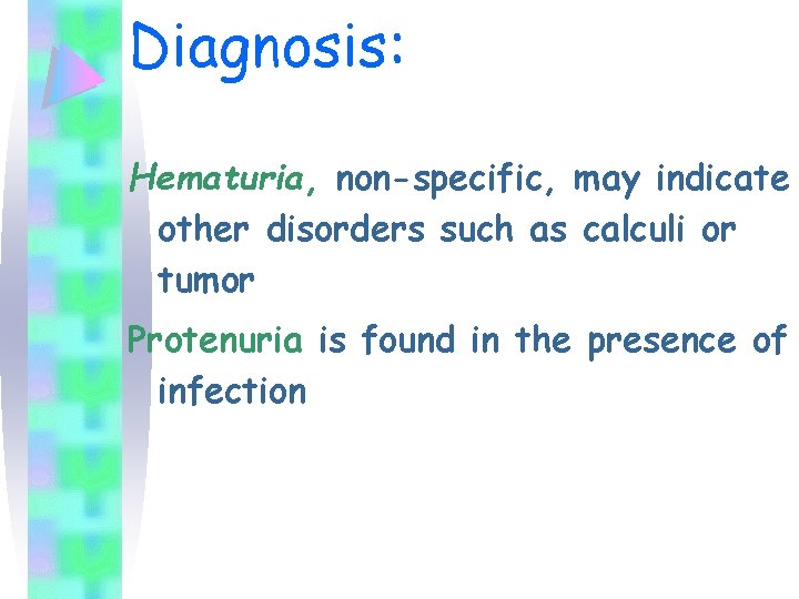Diagnosis: Hematuria, non-specific, may indicate other disorders such as calculi or tumor Protenuria is