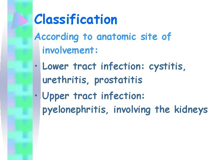Classification According to anatomic site of involvement: • Lower tract infection: cystitis, urethritis, prostatitis