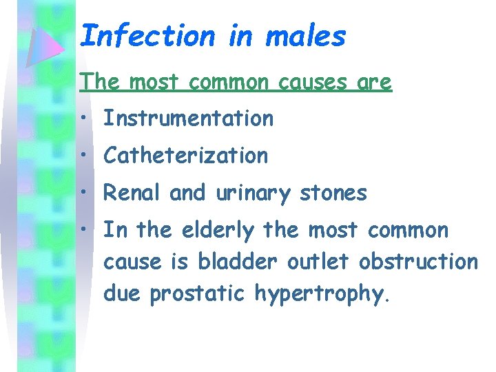 Infection in males The most common causes are • Instrumentation • Catheterization • Renal