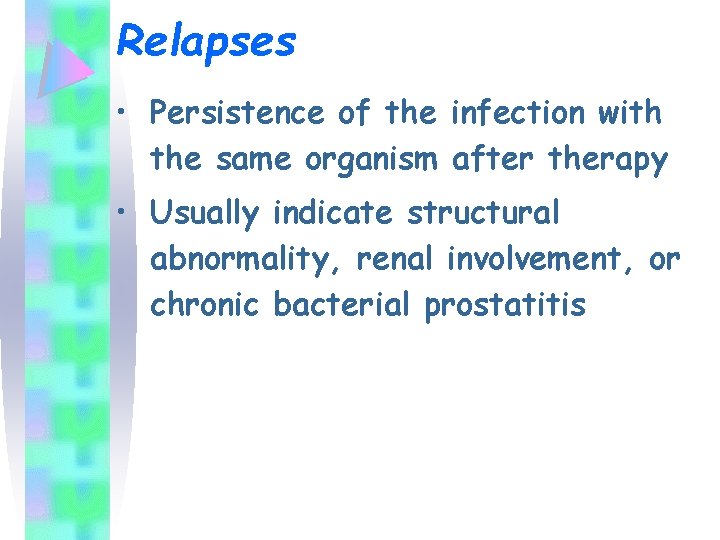Relapses • Persistence of the infection with the same organism after therapy • Usually