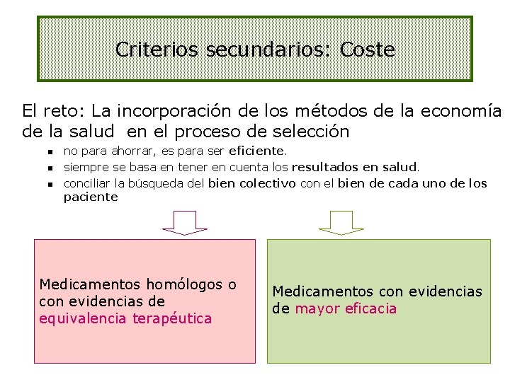 Criterios secundarios: Coste El reto: La incorporación de los métodos de la economía de