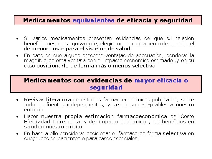 Medicamentos equivalentes de eficacia y seguridad • • Si varios medicamentos presentan evidencias de