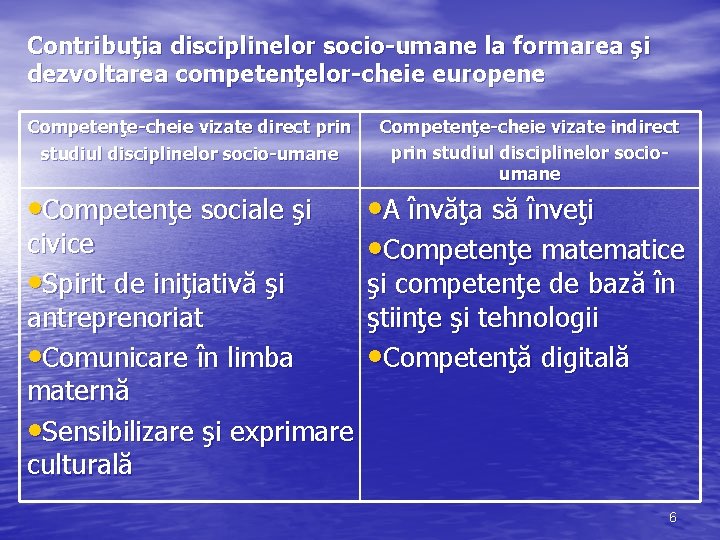 Contribuţia disciplinelor socio-umane la formarea şi dezvoltarea competenţelor-cheie europene Competenţe-cheie vizate direct prin studiul