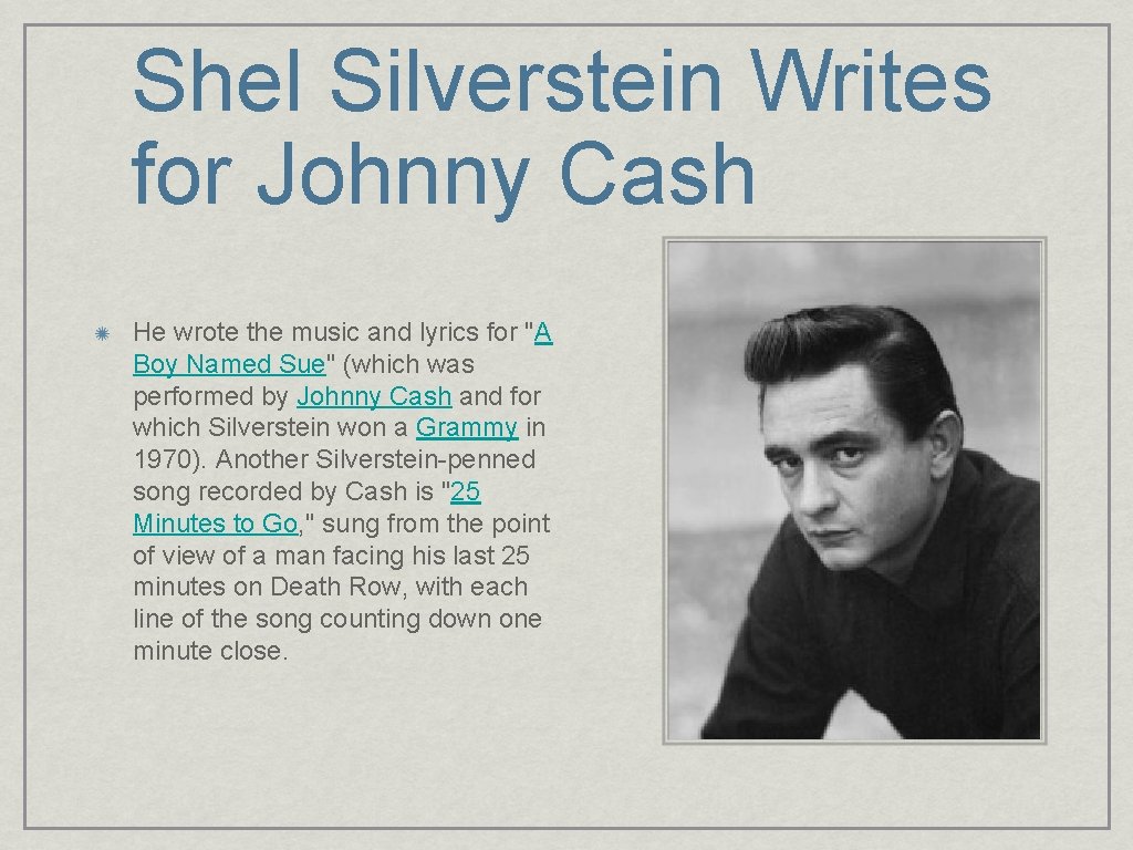 Shel Silverstein Writes for Johnny Cash He wrote the music and lyrics for "A