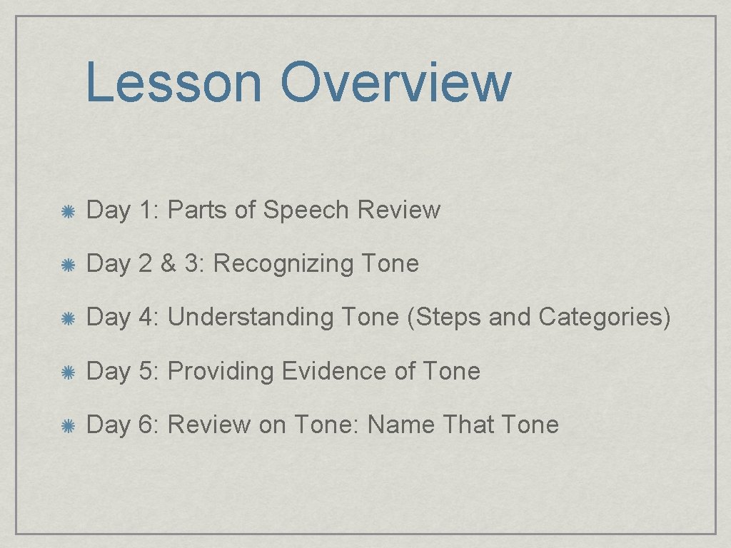 Lesson Overview Day 1: Parts of Speech Review Day 2 & 3: Recognizing Tone