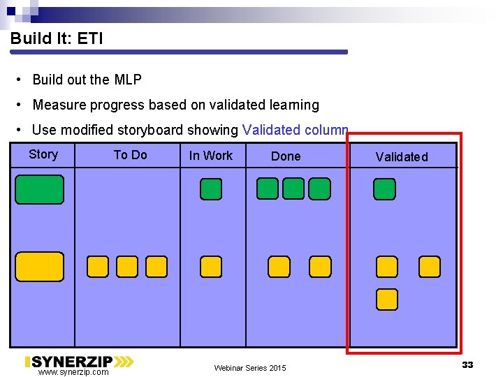 Build It: ETI • Build out the MLP • Measure progress based on validated