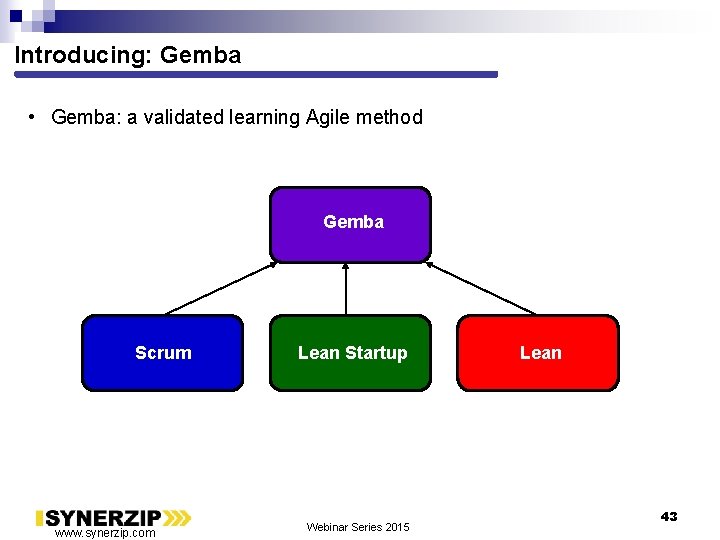 Introducing: Gemba • Gemba: a validated learning Agile method Gemba Scrum www. synerzip. com