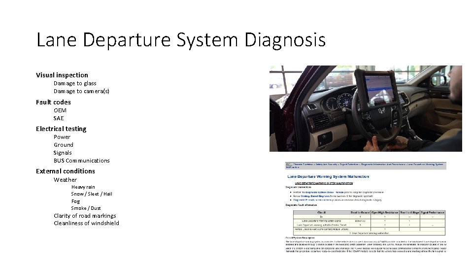Lane Departure System Diagnosis Visual inspection Damage to glass Damage to camera(s) Fault codes