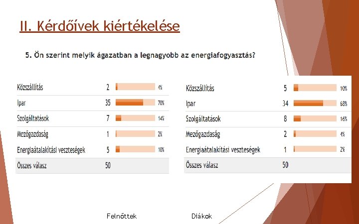 II. Kérdőívek kiértékelése Felnőttek Diákok 