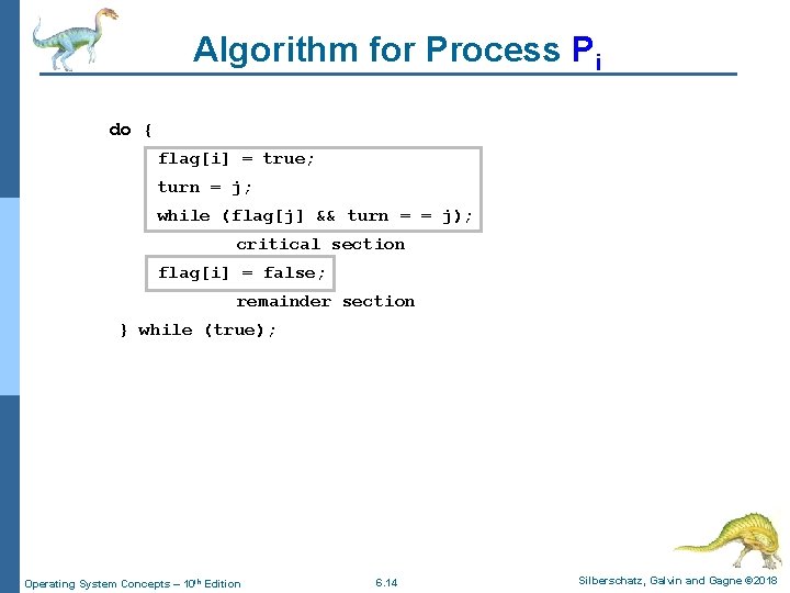 Algorithm for Process Pi do { flag[i] = true; turn = j; while (flag[j]