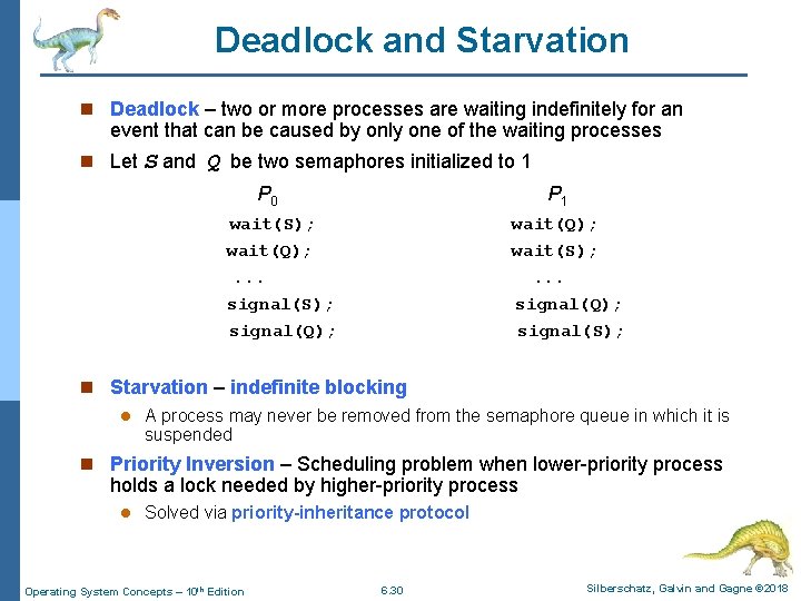 Deadlock and Starvation n Deadlock – two or more processes are waiting indefinitely for