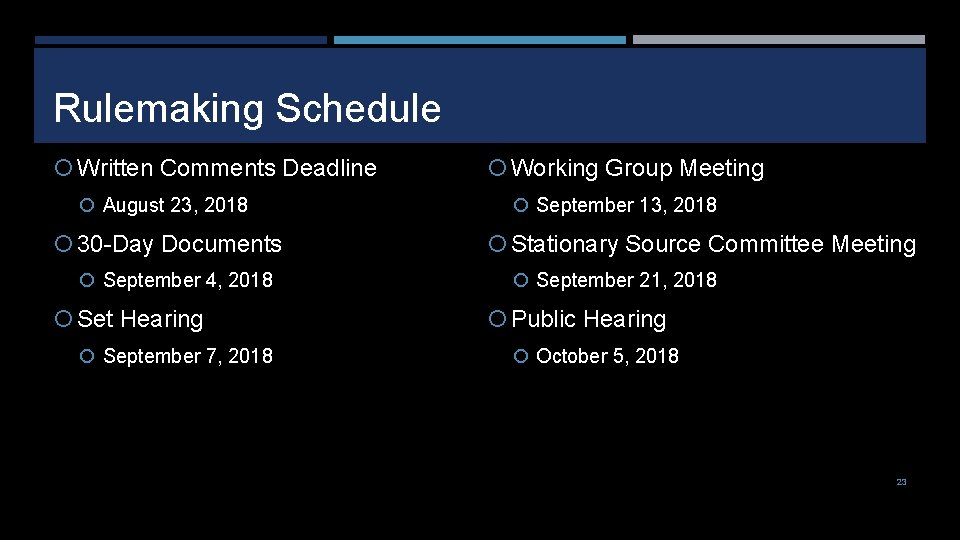 Rulemaking Schedule Written Comments Deadline August 23, 2018 30 -Day Documents September 4, 2018