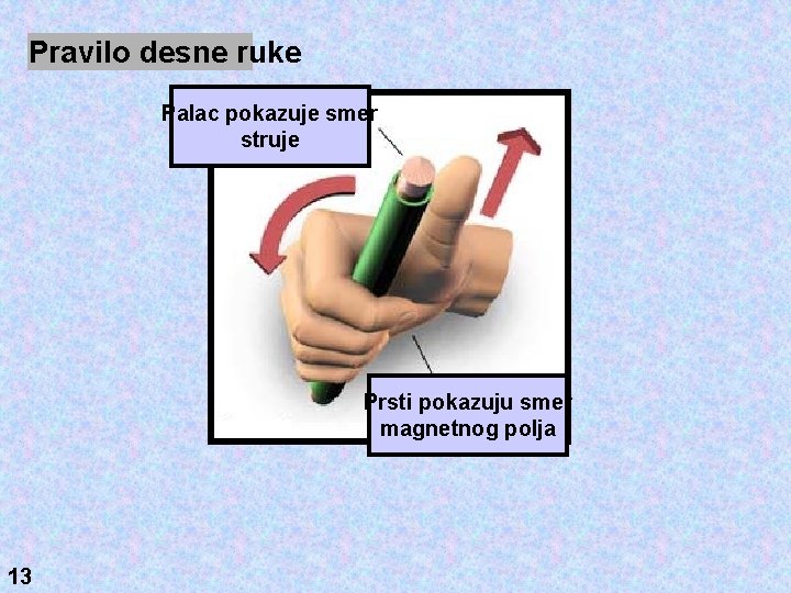 Pravilo desne ruke Palac pokazuje smer struje Prsti pokazuju smer magnetnog polja 13 