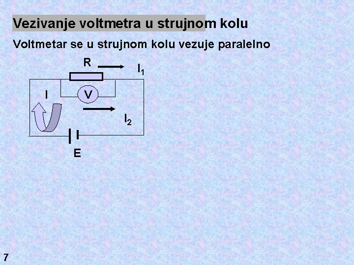 Vezivanje voltmetra u strujnom kolu Voltmetar se u strujnom kolu vezuje paralelno R I