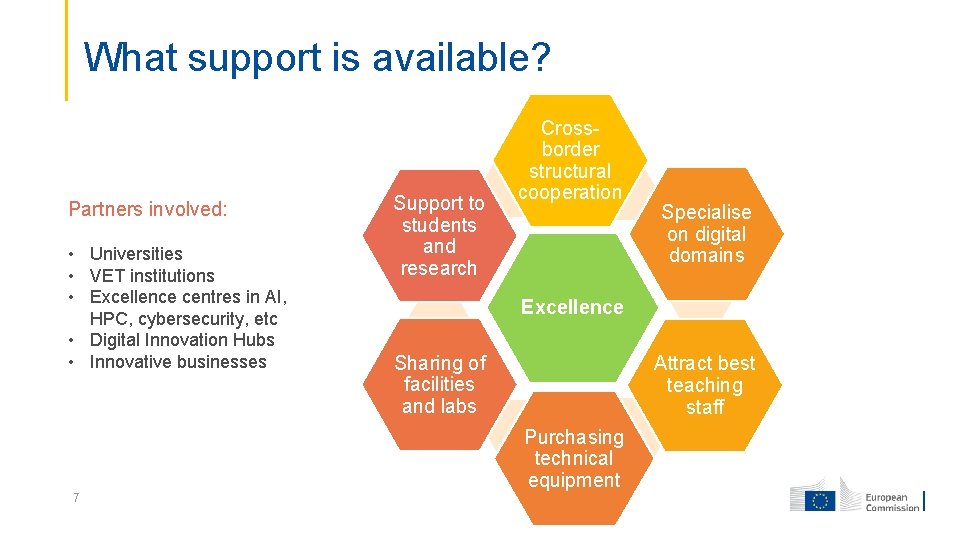 What support is available? Partners involved: • Universities • VET institutions • Excellence centres