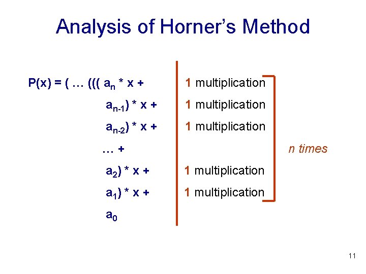Analysis of Horner’s Method P(x) = ( … ((( an * x + 1 Analysis of Horner’s Method P(x) = ( … ((( an * x + 1