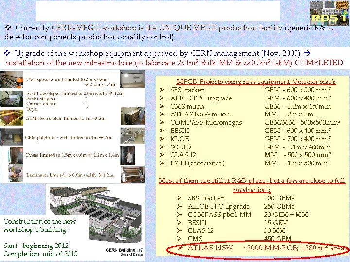v Currently CERN-MPGD workshop is the UNIQUE MPGD production facility (generic R&D, detector components