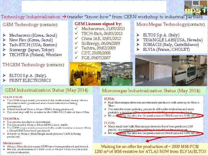 Technology Industrialization transfer “know-how” from CERN workshop to industrial partners GEM Technology (contacts): Ø