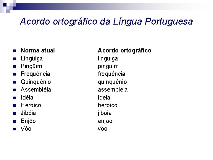 Acordo ortográfico da Língua Portuguesa n n n Norma atual Lingüiça Pingüim Freqüência Qüinqüênio