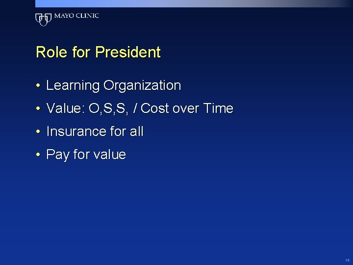 Role for President • Learning Organization • Value: O, S, S, / Cost over Role for President • Learning Organization • Value: O, S, S, / Cost over