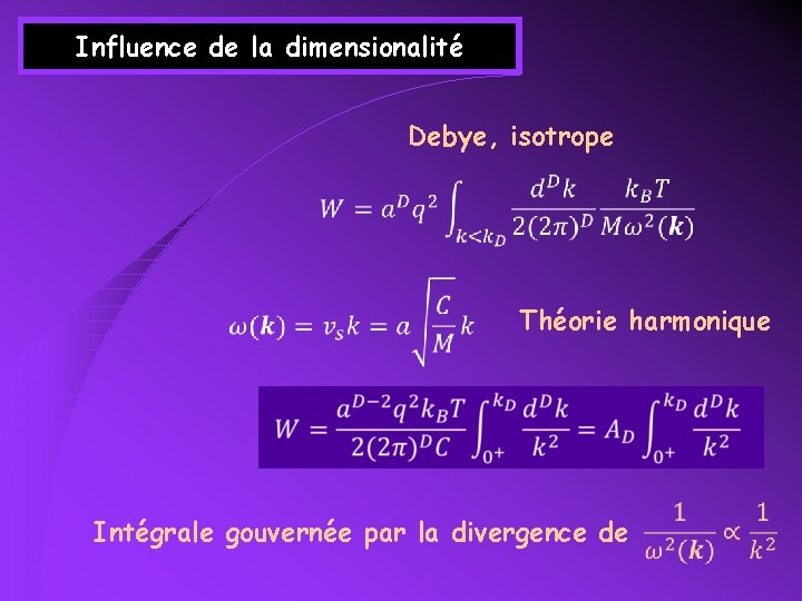 Influence de la dimensionalité Debye, isotrope Théorie harmonique Intégrale gouvernée par la divergence de